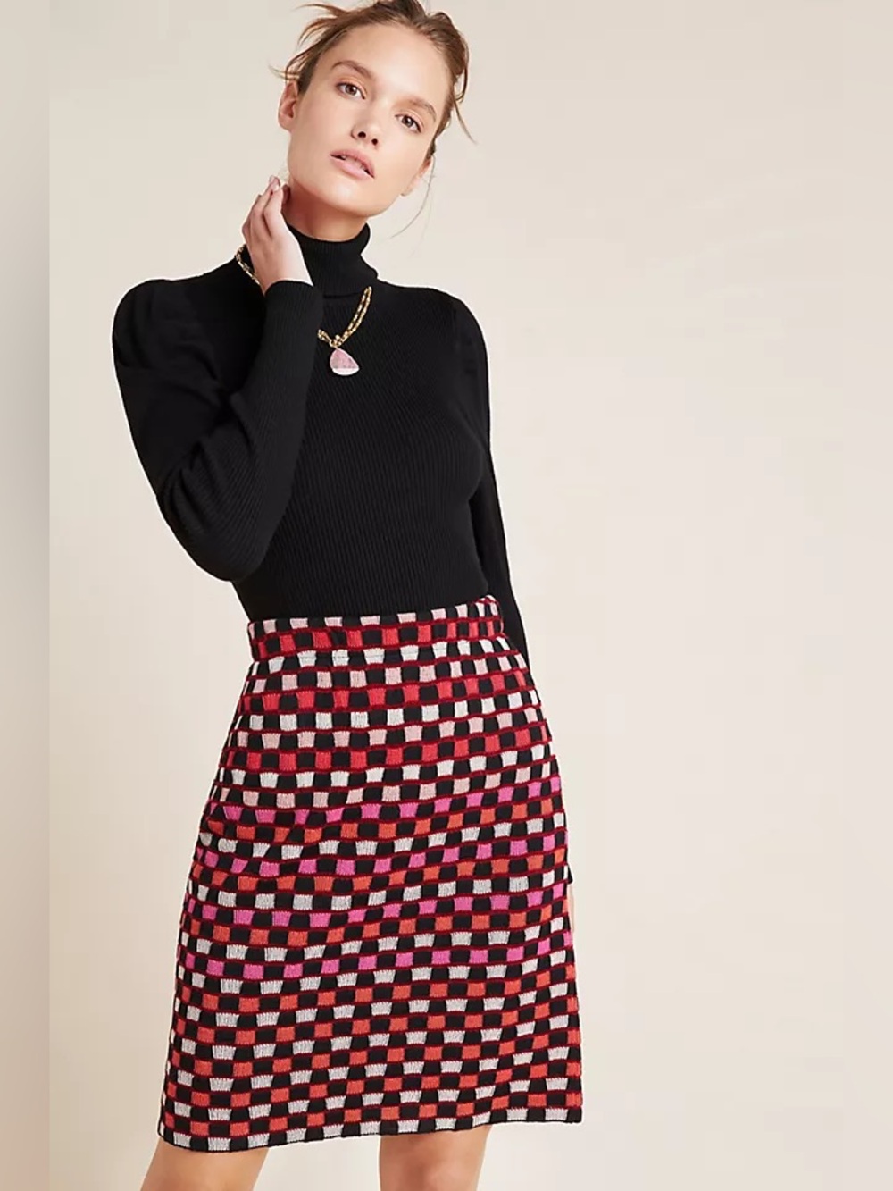 Aldo Martins x Anthropologie Checkered Pencil Skirt - Red/Pink